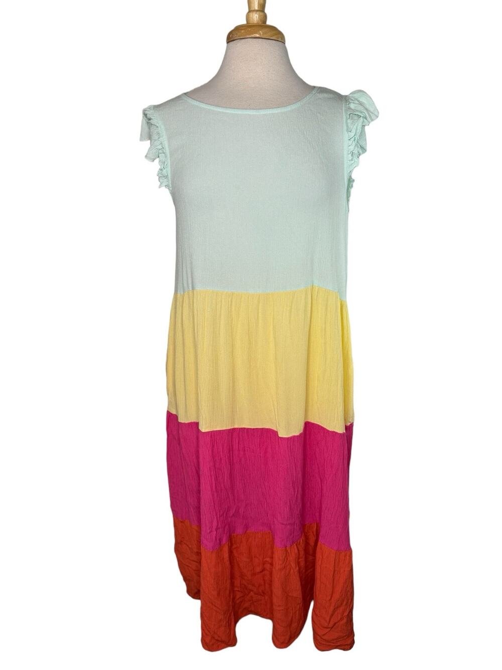 MARGAUX RIVIERA Sherbet Stripe Crinkle Viscose Midi Dress Medium Blue Yellow Pin